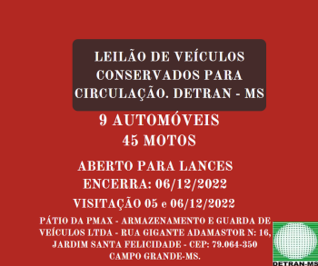 LEILÃO 2022000000880 DE VEÍCULOS CONSERVADOS PARA CIRCULAÇÃO - DETRAN/MS - RES. 623/2016 - CONTRAN