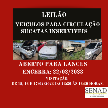 LEILÃO N° 001/2023 DE VEÍCULOS USADOS DESTINADOS CIRCULAÇÃO E SUCATADAS INSERVIVEIS - SENAD/CRL/PF - LEI N.11.343