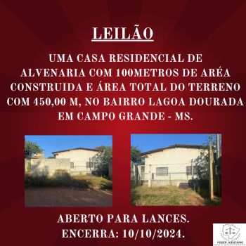 UMA CASA RESIDENCIAL DE ALVENARIA COM 100METROS DE ARÉA CONSTRUIDA E ÁREA TOTAL DO TERRENO COM 450,00 M, NO BAIRRO LAGOA DOURADA EM CAMPO GRANDE - MS