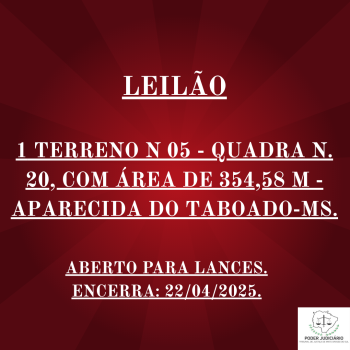 1 TERRENO N 05 - QUADRA N. 20, COM ÁREA DE 354,58 M - APARECIDA DO TABOADO MS