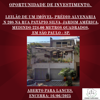 01 IMÓVEL, PRÉDIO ALVENARIA N 208 DA RUA PATÁPIO SILVA, JARDIM AMÉRICA, MEDINDO 224,00 METROS QUADRADOS, EM SAO PAULO - SP