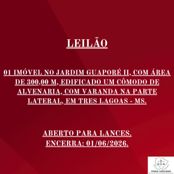 01 IMÓVEL NO JARDIM GUAPORÉ II, COM ÁREA DE 300,00 M, EDIFICADO UM CÔMODO DE ALVENARIA, COM VARANDA NA PARTE LATERAL, EM TRES LAGOAS - MS.