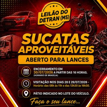 LEILÃO 2026000000416 DE SUCATAS APROVEITÁVEIS DE VEÍCULOS E MOTOCICLETAS DESTINADAS À DESMONTAGEM PARA COMÉRCIO DE PEÇAS USADAS - DETRAN/MS - RES. 623/2016 - CONTRAN.