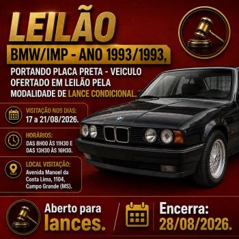 LEILÃO BMW/IMP - ANO 1993/1993, PORTANDO PLACA PRETA - VEICULO OFERTADO EM LEILÃO PELA MODALIDADE DE LANCE CONDICIONAL.
